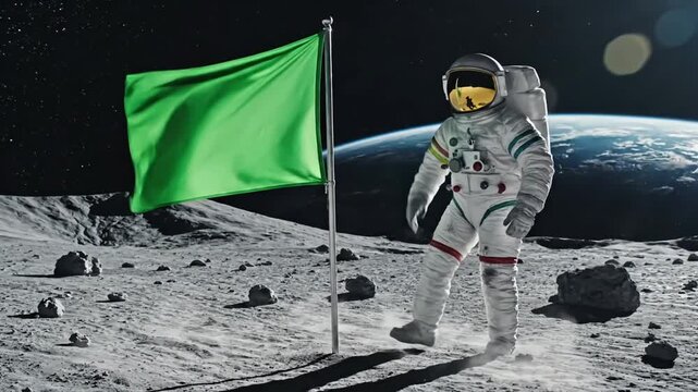 Green Screen lunar astronaut walks on the moon with flag placing a pole surface and salutes you can track add your logo scene 2 distortion, overlay, glitch, static noise, scan lines black background