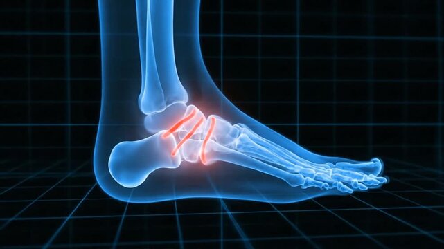 Diagnostic x-ray image of a human foot highlighting ankle injury or fracture in a medical illustration from a lateral viewpoint