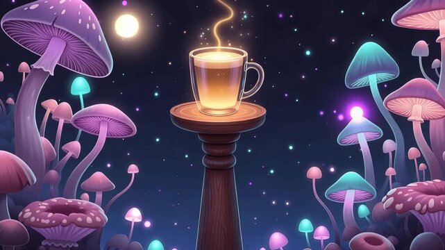 Glowing mushroom coffee cup on a pedestal in an enchanted forest with ethereal lighting at night for magical beverage.