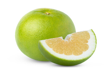 Citrus sweetie fruit and cut in a slice of pomelit, pomelo or Oroblanco citrus fruit isolated. Green citrus fruits with clipping path.