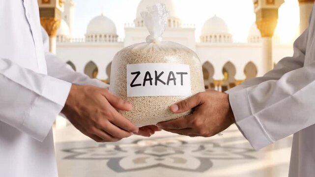 Muslim Hands Giving Bag of Rice for Zakat Al-Fitr Charity in Front of Mosque, Islamic Donation Concept during Ramadan and Eid al-Fitr.