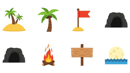 Collection of island and adventure icons including palm trees, caves, campfire, and flag