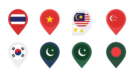 Map pin icons representing flags of various Asian countries