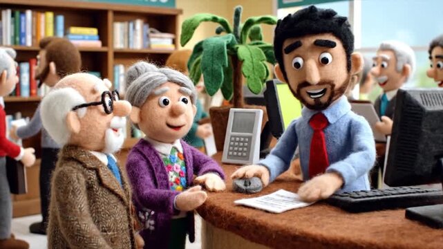 Happy older couple inside a busy bank talking to a bank teller