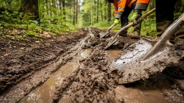 Closeup of muddy trail section being reshaped by crew with shovels main subject crisp and background foliage blurred for emphasis