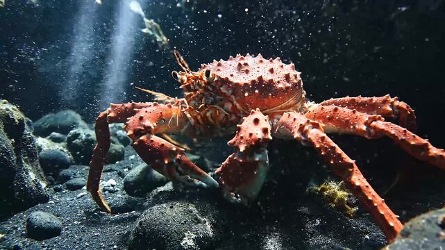 Red King Crab underwater on the ocean floor, giant king crab in its natural habitat.