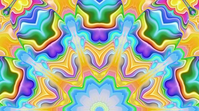 Vibrant kaleidoscopic burst of colorful fluid patterns in motion. Abstract art animation of vivid multicolor waves evolving. Swirl rays emanating from half circle bottom center. 4K UHD 4096x2304