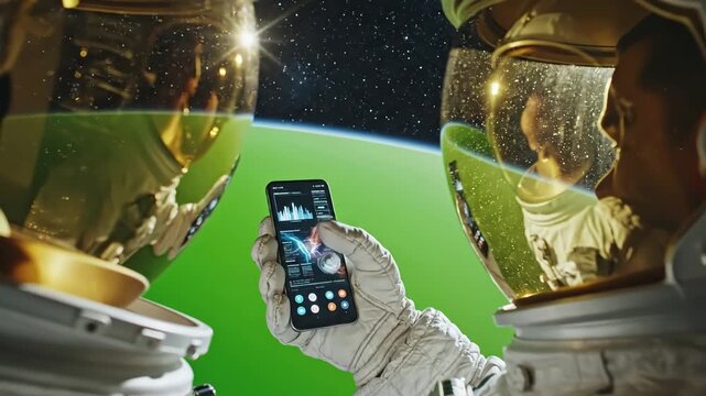 Green Screen view through the helmet astronaut using his mobile phone during spacewalk chroma key earth in background scene 2 with distortion, overlay, glitch, static noise, scan lines on black