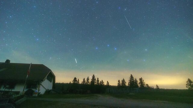 Meteor shower and comet Lemmon moving across the starry night sky