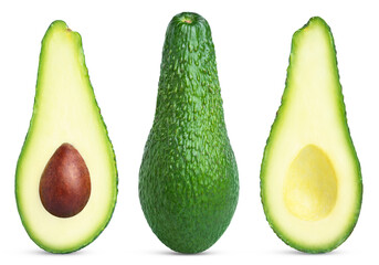 Fresh green avocado and half of avocado collection. Pinkerton long avocado and two halves of avocado with seed and without pit.