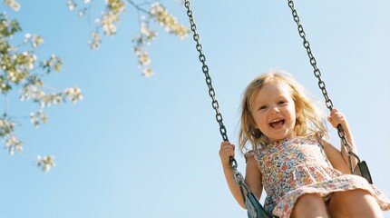 Joyful Swing: A radiant young girl with flowing locks laughs with unrestrained glee as she joyfully swings high against a backdrop of a bright blue sky.