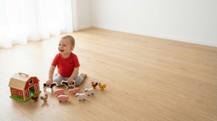 Playful Child: A smiling child engrossed in playing with a collection of charming farm animal toys, set against a backdrop of soft light