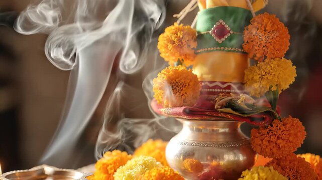 Gudi Padwa Hindu New Year Celebration Traditional Kalash with Marigold