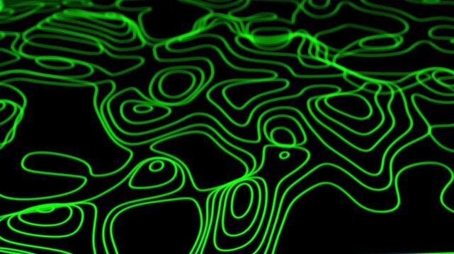 Green wave on a black background. Looped vector wave of green color. Linear wave, graphic shape flow. Digital slow motion, dark background. Wave Line illustration. Smooth water level surface.