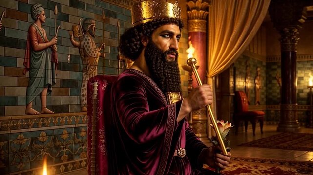 Persian king in ornate royal robes holding scepter inside lavish palace chamber depicting ancient Middle Eastern monarchy, oriental luxury and historical imperial power