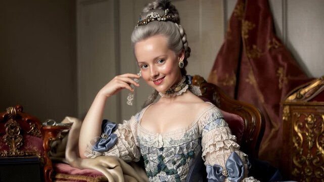 Elegant 18th century European noblewoman in ornate baroque gown and jewelry depicting aristocratic luxury, royal court fashion and historical period drama aesthetics, flirting