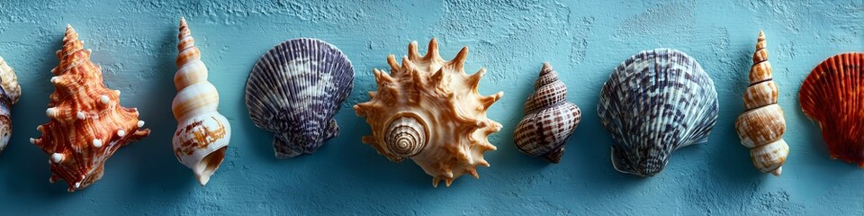 Obraz premium A collection of diverse seashells is arranged in a horizontal line against a bright blue background. The shells vary in shape, size, and color.