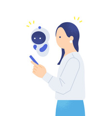 画面を一緒に覗き込むかわいいAI。AIとスマホ画面を見て気付きを得る女性のイラスト素材。