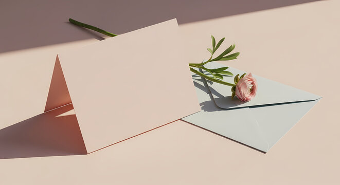 Minimalist greeting card and envelope with flower on pastel background