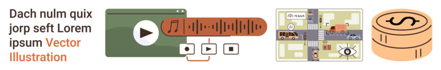 Digital tools, multimedia, navigation, finance, audio playback, urban planning. Graphic showing a play button, music timeline map overview and coin stack. Multimedia and navigation