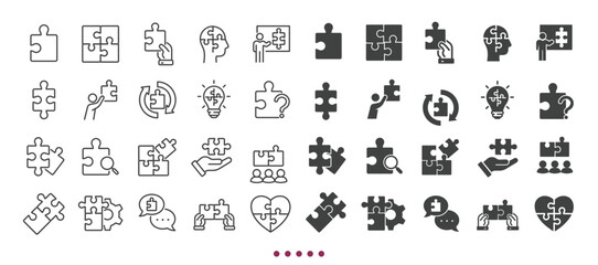 Jigsaw and puzzle icons collection. Multi series icons. Line and glyph solid web icons collection