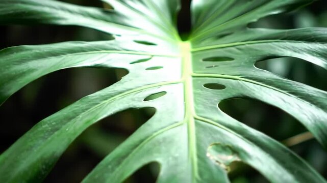 Close-up of a vibrant green Monstera deliciosa leaf with natural fenestrations, showcasing its unique texture and tropical beauty.