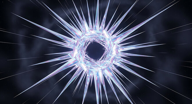 luminous crystalline starburst portal sharp spikes form energy vortex in cosmic space for futuristic sci-fi technology.