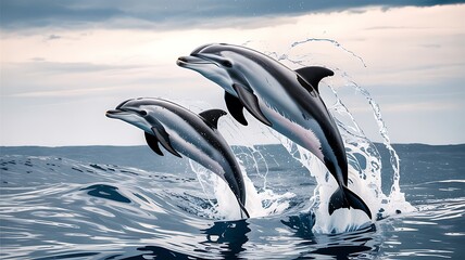 Fototapeta premium Dolphins jumping above ocean water at sunset for marine wildlife and nature concept