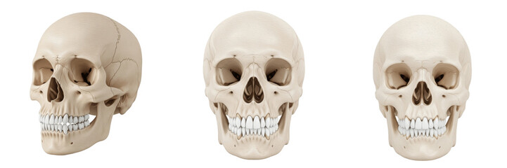 Full human skull with teeth isolated on white background, realistic cranium anatomy with dentition, skeletal head model for medical study, forensic anthropology reference, dentistry and oral surgery  © NigCocu
