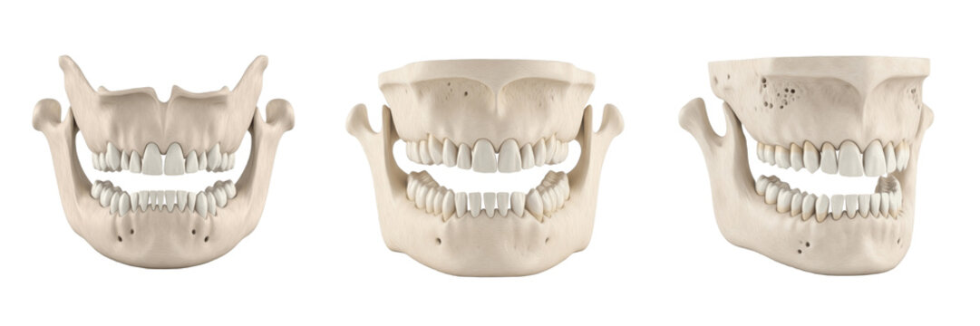 Human jaw bone isolated on white background, mandible anatomy close up, realistic skeletal bone structure, dental anatomy reference for dentistry students, oral surgery education, maxillofacial model