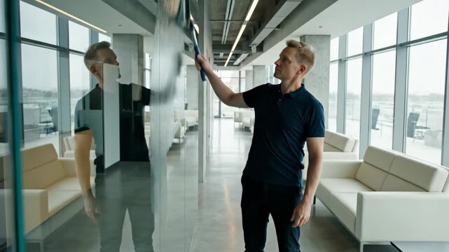 Man cleaning a glass partition with a squeegee in a modern office interior