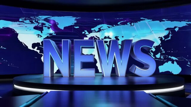 3D news logo with globe background in modern broadcast studio  