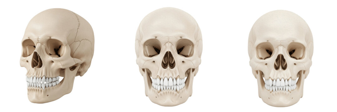 Full human skull with teeth isolated on white background, realistic cranium anatomy with dentition, skeletal head model for medical study, forensic anthropology reference, dentistry and oral surgery 