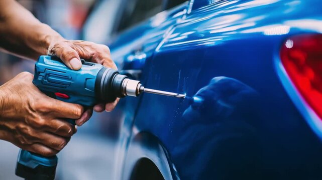 Technician skillfully using specialized tools to remove a small door ding from a car panel without affecting the original paint.