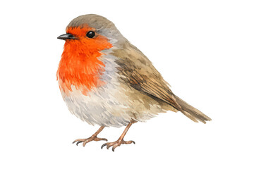 Robin bird watercolor illustration with orange breast, a european songbird and wildlife symbol, drawn in classic artistic style