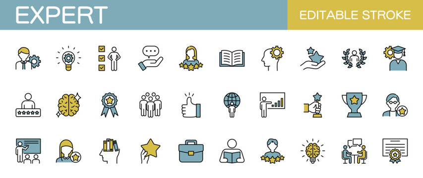 専門家・プロフェッショナル・ビジネスに関するラインアイコンセット（線幅変更可能・カラー）