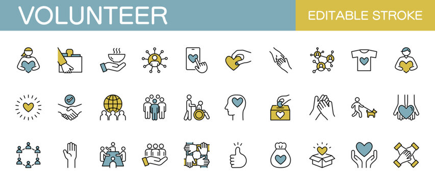 ボランティアに関するアイコンセット（線幅変更可能・カラー）