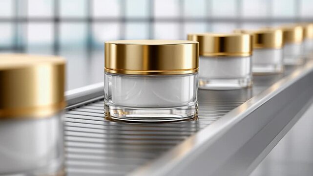 Luxury cosmetic cream jars with gold caps moving along a factory conveyor belt during production.