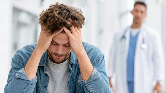 Depressed young man suffering from headache or mental stress sitting in hospital waiting room, doctor blurred in background.