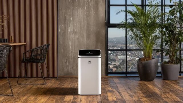 Medium shot of an indoor smart waste bin with fullness sensors seamlessly blending into modern office decor for efficient trash management.