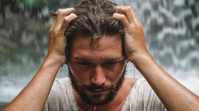 Close-up of a bearded man running wet hands through his hair under heavy natural water flow, eyes closed.