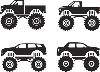 Lifted Monster Truck and Off Road SUV Silhouettes Collection Featuring Big Tire 4x4 Pickup Vehicles Isolated on White Background for Automotive Design © Sarsoti