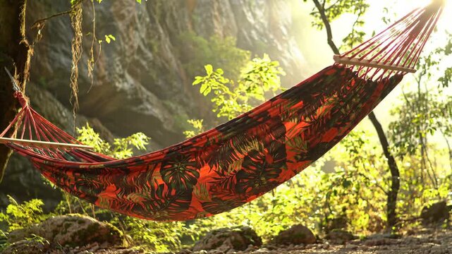 Red hammock with leaf print in forest setting, relaxing in nature, outdoor leisure