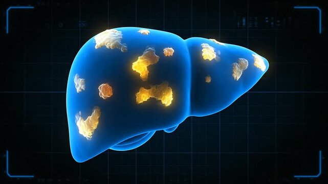 Diagnostic X-ray scan showing a 3D illustration of a human liver with highlighted areas against a dark background from a front viewpoint