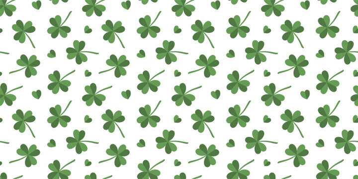 Vector background for St. Patrick's Day with Green Shamrocks and Hearts isolated on white. Holiday Seamless Pattern for Banner, Wrapping Paper or Fabric.