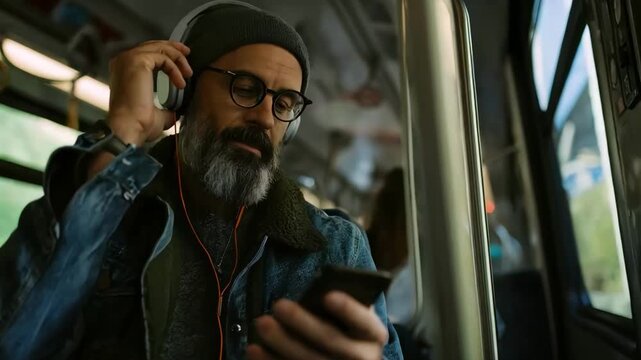 Medium shot of a music lover adjusting streaming settings on a smartphone emphasizing personalized adaptive bitrate for seamless highquality audio during a commuter trip.