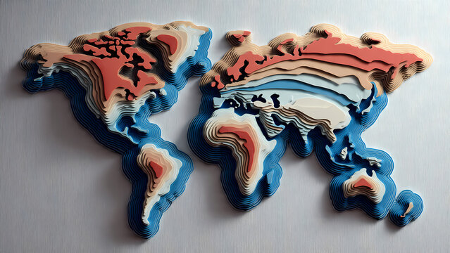 Colorful layered 3D world map with topographic design