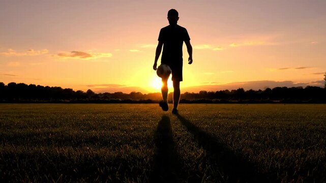Silhouette of soccer player juggling ball on grass field during vibrant sunset golden hour
