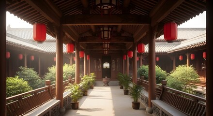 Obraz premium Traditional chinese courtyard with red lanterns and lush greenery