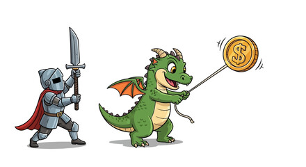 Fototapeta premium Knight and Dragon with Bitcoin Coin.